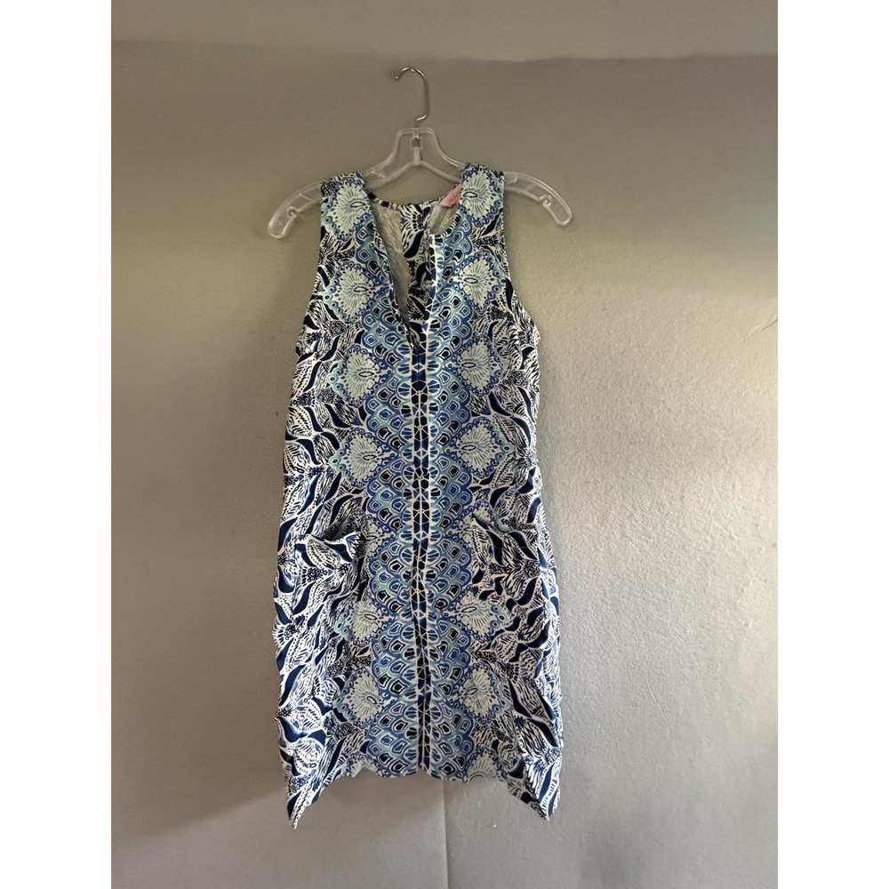 Lilly Pulitzer Dress Womens 8 Blue V Neck Sleeveless Shift Tassel Pockets Print